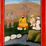 Guru Nanak and Mardana are conversing with the sidhs in this picture -- probably an illustration from the life of Guru Nanak as described in Sidh Gosht.