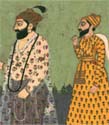 Guru Nanak and Mardana in the Persian miniature style. Their robes are decorated with verses from the Koran.