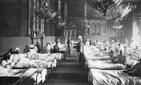 Injured Indian soldiers of the British Army at the Brighton Pavilion, converted into a military hospital, 1915. Photograph: Hulton Archive/Getty Images


It was one of the happy ideas of the war - due, it is said, to the suggestion of the king - to house the wounded Indian soldiers in the Brighton Pavilion. That product of the bizarre imagination of King George the Fourth, after the interval of a century, played a really useful part in making our eastern soldiers feel at home. No one who ever visited the pavilion while it was an Indian hospital will forget the strange look of those huge saloons, with their faded oriental decorations in gilt, crimson and looking-glass, full of dark men from all the Indian races recovering from their wounds got on the fields of France. It was the most eerily foreign scene to be found in England.

http://www.guardian.co.uk/world/2008/nov/11/first-world-war-foreign-nationals-fighting