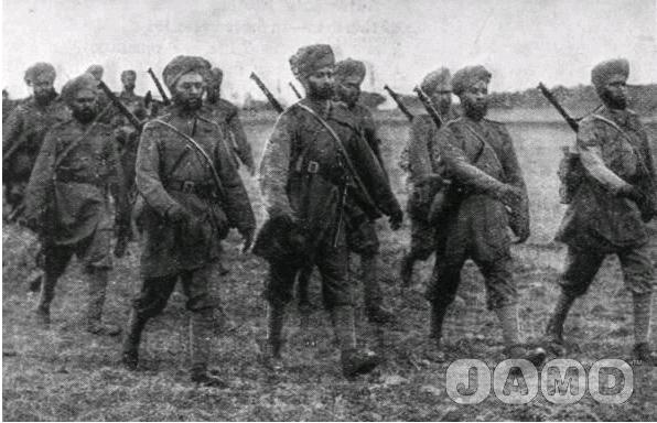 Sikh soldiers on the march in France at the start of World War I.