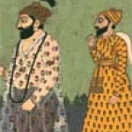 Guru Nanak and Mardana in the Persian miniature style. Their robes are decorated with verses from the Koran.