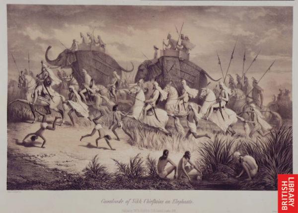 Elephants and Horses: Tiger Hunt

Elephant
Modern Punjabi
n. hathi. M; hathni. F;

ਹਾ ਹਾ ਕਰਤ ਬਿਹਾਨੀ ਅਵਧਹਿ ਤਾ ਮਹਿ ਸੰਤੋਖੁ ਨ ਪਾਇਆ ॥੨॥
haa haa karath bihaanee avadhhehi thaa mehi santhokh n paaeiaa ||2||
Possessing them, one passes his life in agony; he obtains no contentment from them. ||2||

ਹਸਤਿ ਰਥ ਅਸ੍ਵ ਪਵਨ ਤੇਜ ਧਣੀ ਭੂਮਨ ਚਤੁਰਾਂਗਾ ॥
hasath rathh asv pavan thaej dhhanee bhooman chathuraangaa ||
Elephants, chariots, horses as fast as the wind, wealth, land, and armies of four kinds

ਸੰਗਿ ਨ ਚਾਲਿਓ ਇਨ ਮਹਿ ਕਛੂਐ ਊਠਿ ਸਿਧਾਇਓ ਨਾਂਗਾ ॥੩॥
sang n chaaliou ein mehi kashhooai ooth sidhhaaeiou naangaa ||3||
- none of these will go with him; he must get up and depart, naked. ||3||

Guru Arjan Dev ji