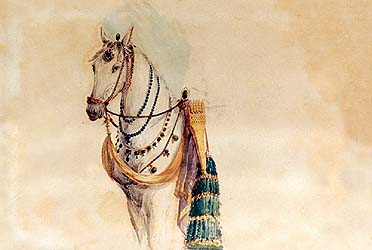 Favorite Horse of Ranjit Singh

Modern Punjabi
n. ghora. M;

ਰਸੁ ਘੋੜੇ ਰਸੁ ਸੇਜਾ ਮੰਦਰ ਰਸੁ ਮੀਠਾ ਰਸੁ ਮਾਸੁ ॥
ras ghorrae ras saejaa mandhar ras meethaa ras maas ||
the pleasure of horses, the pleasure of a soft bed in a palace, the pleasure of sweet treats and the pleasure of hearty meals


ਏਤੇ ਰਸ ਸਰੀਰ ਕੇ ਕੈ ਘਟਿ ਨਾਮ ਨਿਵਾਸੁ ॥੨॥
eaethae ras sareer kae kai ghatt naam nivaas ||2||
-these pleasures of the human body are so numerous; how can the Naam, the Name of the Lord, find its dwelling in the heart? ||2||

Guru Nank Dev ji