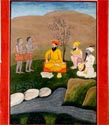 Guru Nanak and Mardana are conversing with the sidhs in this picture -- probably an illustration from the life of Guru Nanak as described in Sidh Gosht.
