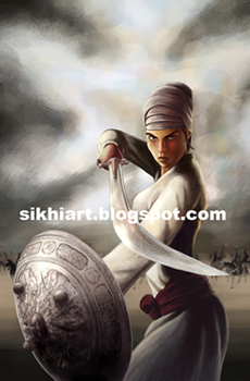 Mata Bhag Kaur or Mai Bhago
http://www.sikhiart.com/for-sale/mata-bhag-kaur/