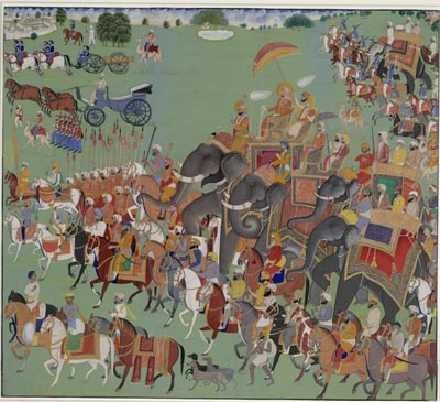 Royal Procession at Lahore During the Raj of Sahib Ranjit Singh Maharaj

Elephant
Modern Punjabi
n. hathi. M; hathni. F;


ਊਚੇ ਮੰਦਰ ਮਹਲ ਅਰੁ ਰਾਨੀ ॥
oochae mandhar mehal ar raanee ||
He has lofty palaces, mansions and queens,

ਹਸਤਿ ਘੋੜੇ ਜੋੜੇ ਮਨਿ ਭਾਨੀ ॥
hasath ghorrae jorrae man bhaanee ||
elephants and pairs of horses, delighting the mind;

ਵਡ ਪਰਵਾਰੁ ਪੂਤ ਅਰੁ ਧੀਆ ॥
vadd paravaar pooth ar dhheeaa ||
he is blessed with a great family of sons and daughters.

ਮੋਹਿ ਪਚੇ ਪਚਿ ਅੰਧਾ ਮੂਆ ॥੩॥
mohi pachae pach andhhaa mooaa ||3||

Guru Arjan Dev