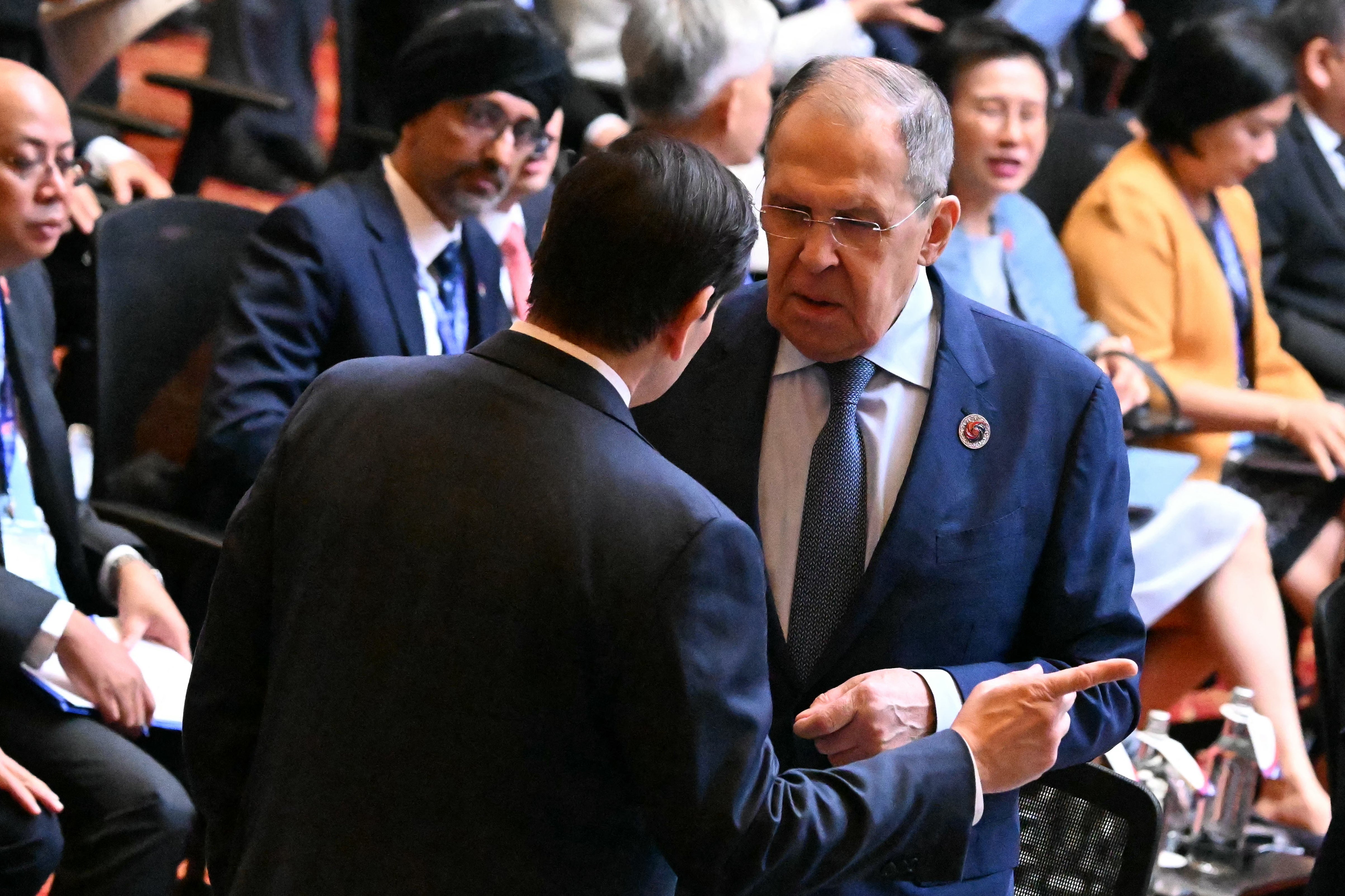 US secretary of state Marco Rubio talks to Russia's foreign minister Sergei Lavrov at Asean summit in Kuala Lumpur on 11 July 2025