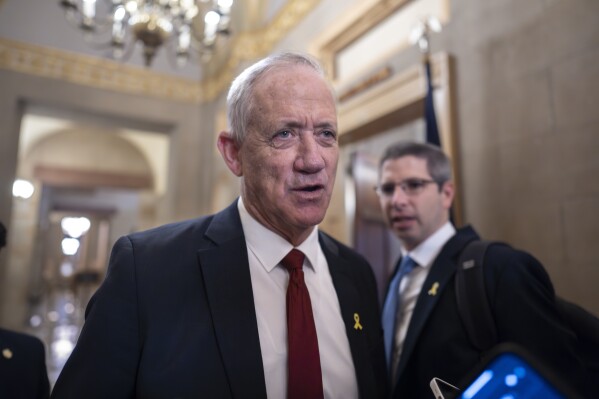 FILE - Benny Gantz, a key member of Israel's War Cabinet and the top political rival of Israeli Prime Minister Benjamin Netanyahu, leaves a meeting in the office of Senate Minority Leader Mitch McConnell, R-Ky., at the Capitol in Washington, on March 4, 2024. (AP Photo/J. Scott Applewhite, File)