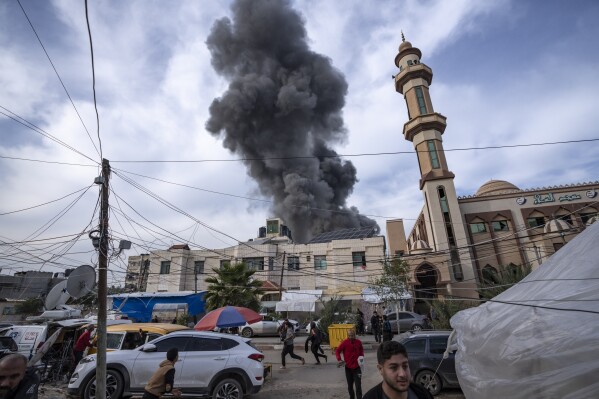 Smoke rises following an Israeli bombardment on Rafah, southern Gaza Strip, Wednesday, Dec. 20, 2023. (AP Photo/Fatima Shbair, File)