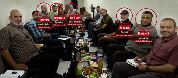 A photo of 11 men seated at a low table with food and drinks. Red circles labeled “eliminated” are around five of their faces.